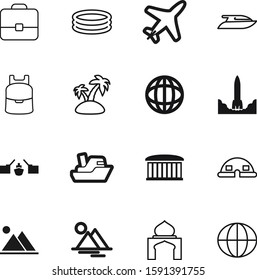 travel vector icon set such as: mosque, plant, line, tree, spaceship, swimming, air, pictogram, commercial, palm, cargo, career, launch, trees, islamic, spa, drawbridge, schoolbag, case, thin, lock