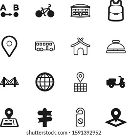 travel vector icon set such as: signpost, speed, housing, passenger, vintage, pack, fitness, collection, find, scooter, locator, guidepost, summer, tower, bungalow, bell, shadow, bike, decoration