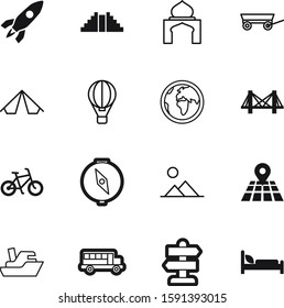 travel vector icon set such as: flame, automobile, tent, north, baloon, wooden, signpost, picture, satellite, ride, scenery, location, suspension, auto, retro, room, empty, marker, shipping, ruin