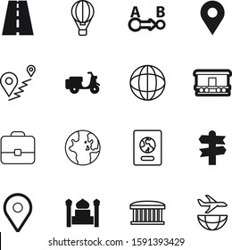 travel vector icon set such as: aerial, passport, security, highway, urban, manager, handle, ballooning, recreation, identification, airplane, bus, clouds, aircraft, up, search, career, adventure
