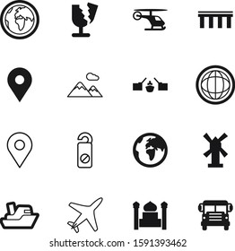 travel vector icon set such as: vehicle, golden, break, religious, mosque, box, mountains, wind, commercial, muslim, spirituality, landscape, shipping, aviation, mill, logistics, drawbridge, glass