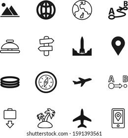 travel vector icon set such as: tropical, orbit, guidance, aviation, holiday, launch, coconut, jet, passenger, leisure, voyage, estate, mountains, star, project, emblem, hill, directional, service