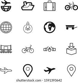 travel vector icon set such as: space, childhood, icons, delivery, style, railway, shape, package, architecture, wagon, launch, marker, box, car, up, truck, fire, worldwide, briefcase, geology