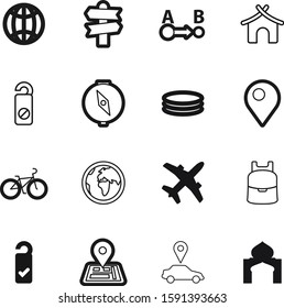 travel vector icon set such as: directional, spa, navigator, guidance, jet, house, school, please, bag, religion, lines, icons, real, village, car, sport, ride, handle, mountain, guide, culture, pack