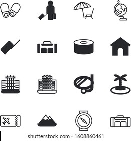 travel vector icon set such as: meal, sand, exotic, diver, comfort, diving, model, app, access, beauty, compass, festival, slippers, science, planet, parasol, island, rest, concert, mask, school