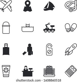travel vector icon set such as: urban, dark, scuba, tourists, glasses, slippers, slipper, estate, pictogram, pointer, tourist, planet, colored, user, pot, interface, product, art, message, save, pan