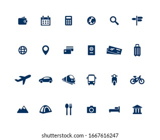 Travel vector icon set. Tour sign collection. Simple flat design  shape silhouette. Universal travel icons for web mobile app UI Modern elements isolated on white.