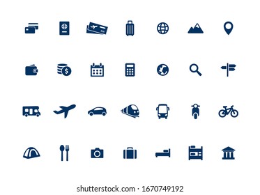 Travel vector icon set. Tour sign collection. Simple flat design  shape silhouette. Universal travel icons for web mobile app UI Modern elements isolated on white.