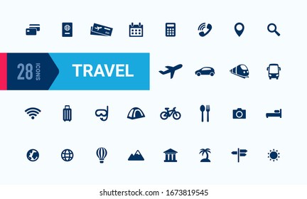Conjunto de iconos de vector de viaje. Colección de señas Tour. Simple diseño plano para la interfaz de usuario de aplicaciones web móvil. Elementos de forma modernos aislados en blanco
