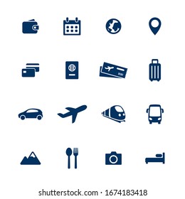 Travel vector icon set. Tour sign collection. Simple flat design  shape silhouette. Universal travel icons for web mobile app UI Modern elements isolated on white.