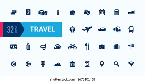 Symbol für Vektorillustration auf Reisen gesetzt. Sammlung von Reisezeichen. Einfaches flaches Design für Web-App UI. Moderne Formen einzeln auf Weiß