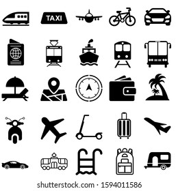 Travel vector icon set. tourism transportation illustration sign collection. Contains icons as airplane, booking, last minute deals, ecotourism, cultural tourism and more.