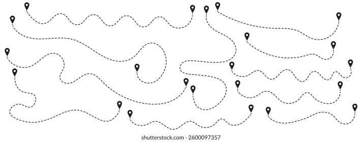 Travel vector icon. Travel from start point and dotted line tracing. Route icon between two points with dotted path and location pin. Location pointer continuous one line drawing. GPS navigation line.