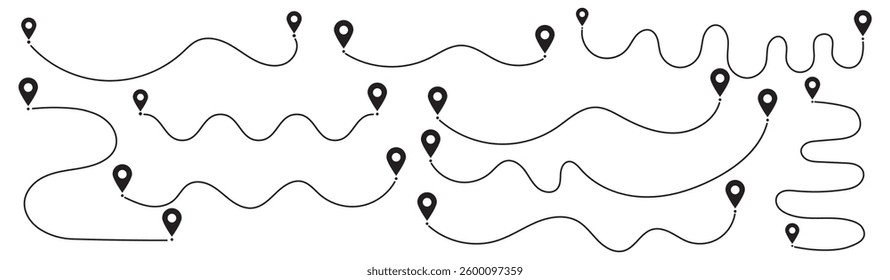 Travel vector icon. Travel from start point and dotted line tracing. Route icon between two points with dotted path and location pin. Location pointer continuous one line drawing. GPS navigation line.