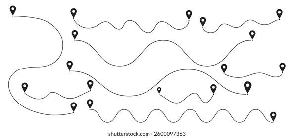 Travel vector icon. Travel from start point and dotted line tracing. Route icon between two points with dotted path and location pin. Location pointer continuous one line drawing. GPS navigation line.