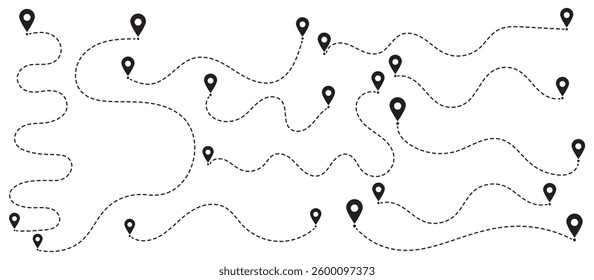 Travel vector icon. Travel from start point and dotted line tracing. Route icon between two points with dotted path and location pin. Location pointer continuous one line drawing. GPS navigation line.