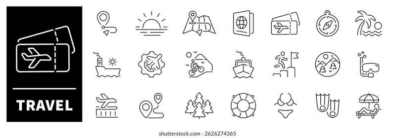 Travel vector icons. Travel icon set. Holiday, vacation, plane, passport, hotel, palm tree, travel, beach, travel related icons. Thin line editable stroke