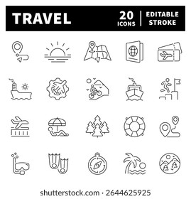 Travel vector icons. Travel icon set. Holiday, vacation, plane, passport, hotel, palm tree, travel, beach, travel related icons. Thin line editable stroke