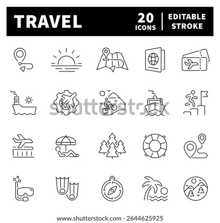 Travel vector icons. Travel icon set. Holiday, vacation, plane, passport, hotel, palm tree, travel, beach, travel related icons. Thin line editable stroke