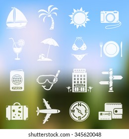 Travel vector icons on blurred background