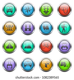 travel vector icons on color glass buttons