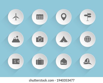 travel vector icons on round puffy paper circles with transparent shadows on blue background. travel stock vector icons for web, mobile and user interface design