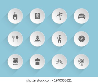 travel vector icons on round puffy paper circles with transparent shadows on blue background. travel stock vector icons for web, mobile and user interface design