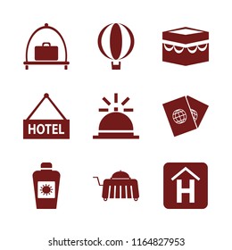 travel vector icons set. with baggage cart, hotel, bell and passports in set