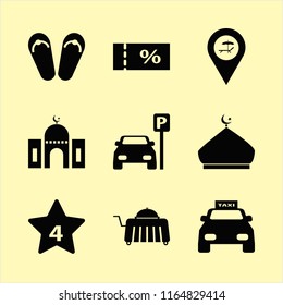 travel vector icons set. with beach sneakers, mosque, room service and sale ticket in set