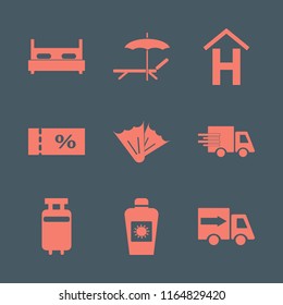 travel vector icons set. with double bed, sale ticket, travelling luggage and fast delivery truck in set