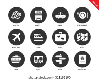 Travel vector icons set. Journey and transportation items, earth, hotel, taxi, restaurant, airplane, train, bag, map, liner, bus, passport. Isolated on white background