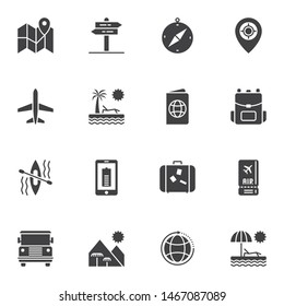 Travel vector icons set, modern solid symbol collection, filled style pictogram pack. Signs, logo illustration. Set includes icons as island with palm , plane, boarding pass, baggage, passport, ticket