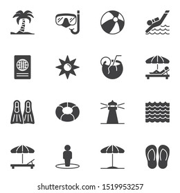 Travel vector icons set, modern solid symbol collection, filled style pictogram pack. Signs, logo illustration. Set includes icons as island palm tree, diving mask, parasol, coconut cocktail, passport