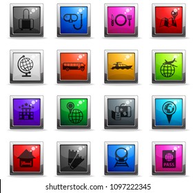 travel vector icons in square colored buttons for web and user interface design