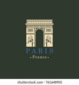 Travel vector illustration, banner or logo. The famous Triumphal Arch in Paris, France. French architectural landmark