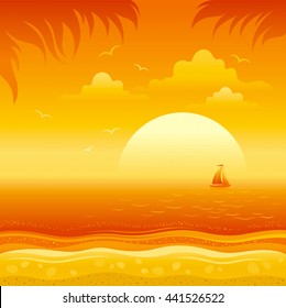 Travel vector illustration with beautiful beach sunset landscape, sea background, palm tree leafs, sand coastline, sailing ship. For any tourism, vacation design template.