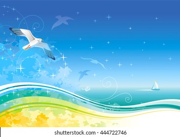 Travel vector illustration with beautiful beach sunny landscape, sea grunge background, tropical sand coastline, flying seagulls birds, sailing ship. For any tourism, summer vacation design template.