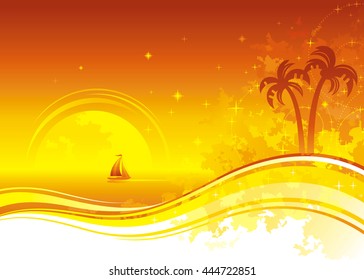 Travel vector illustration with beautiful beach sunset landscape, sea grunge background, palm tree leafs, sand coastline, sailing ship. For any tourism, summer vacation, yacht club design template.