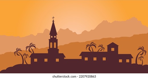 Travel vector illustration of Budva, Montenegro. Old town with sunset.