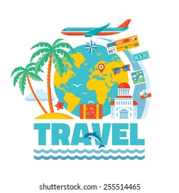 Travel - vector illustration concept in flat style for presentation, advertising, booklet, poster etc. Summer vacationl icons set. Creative layout. Design elements.