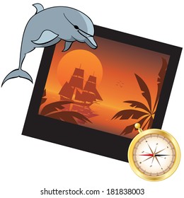 travel vector illustration with dolphin, compass and  photoframe