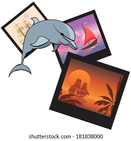 travel vector illustration with dolphin and  photoframes