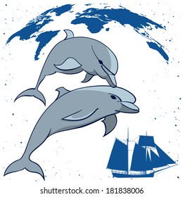 travel vector illustration with dolphins, map and  tall ship