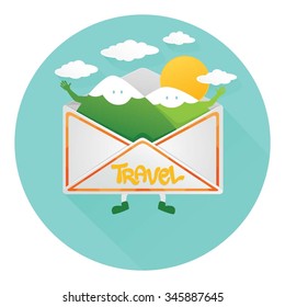 Travel vector illustration envelope, campaign, mountain character, lotus posture