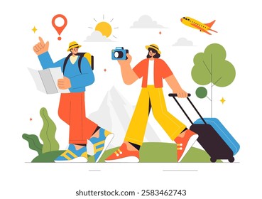 Travel Vector Illustration featuring Backpacking, Luggage, Maps, and Photo Cameras for Adventure, Tourism, and Exploration in a Flat Background