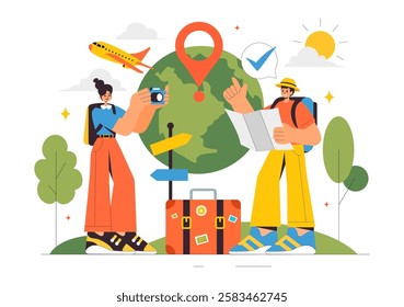Travel Vector Illustration featuring Backpacking, Luggage, Maps, and Photo Cameras for Adventure, Tourism, and Exploration in a Flat Background