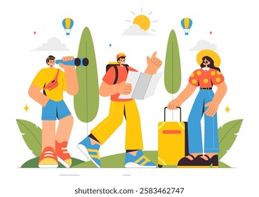 Travel Vector Illustration featuring Backpacking, Luggage, Maps, and Photo Cameras for Adventure, Tourism, and Exploration in a Flat Background