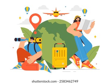 Travel Vector Illustration featuring Backpacking, Luggage, Maps, and Photo Cameras for Adventure, Tourism, and Exploration in a Flat Background
