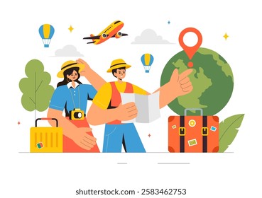 Travel Vector Illustration featuring Backpacking, Luggage, Maps, and Photo Cameras for Adventure, Tourism, and Exploration in a Flat Background