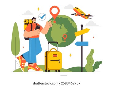 Travel Vector Illustration featuring Backpacking, Luggage, Maps, and Photo Cameras for Adventure, Tourism, and Exploration in a Flat Background